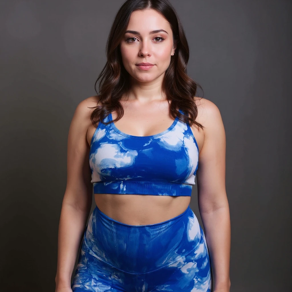 Realistic style image of a woman in sportswear inspired by the reference photo, showing evident water retention in the legs with visible swelling and smooth skin, natural pose, neutral expression, neutral background. emoji