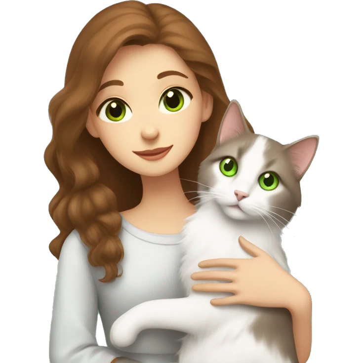 brown-haired girl with gray eyes hugs a Turkish Angora cat with green eyes emoji