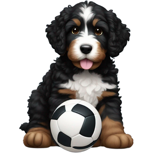 Black bernedoodle puppy with brown legs with volleyball under front paw  emoji