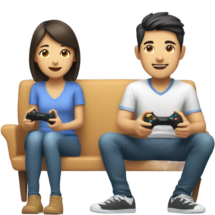 Cute Asian Couple sitting together and having fun playing video games emoji