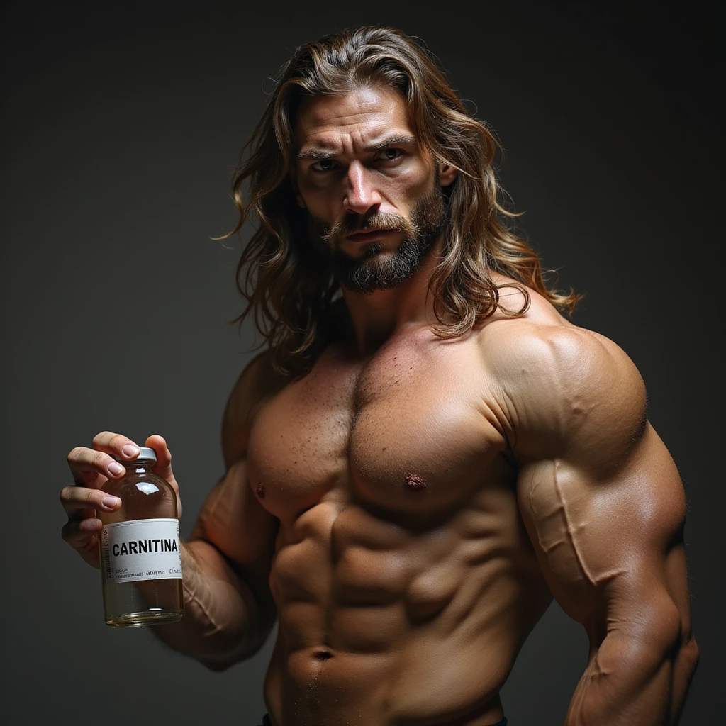 bodybuilder with long hair, hyperrealistic, holding a vial with a label 'CARNITINA' in large block letters, 4k quality emoji