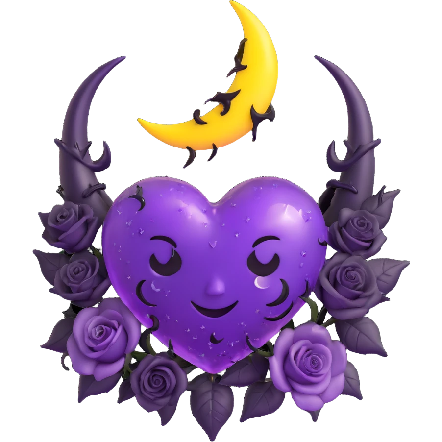 3D emoji gothic heart, purple glass, crescent moon, black roses, devil horns, shimmering stardust, lightning bolt effect, rain-soaked look, cracked glass texture emoji