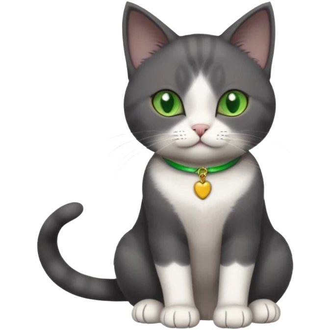 beautiful female solid dark grey cat with green eyes, white toes/paws and white patch on her chest playing emoji