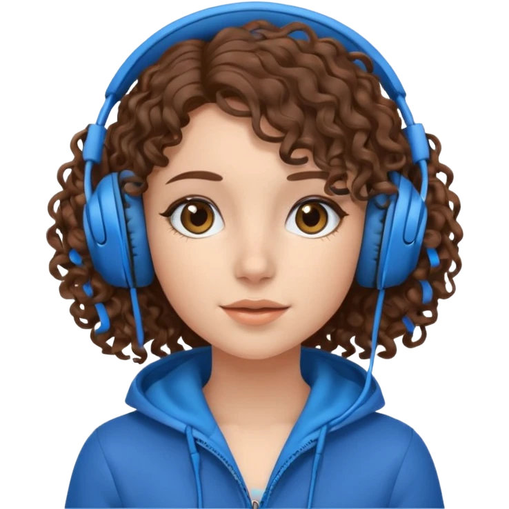 A girl with curly hair listening to music with blue headphones emoji