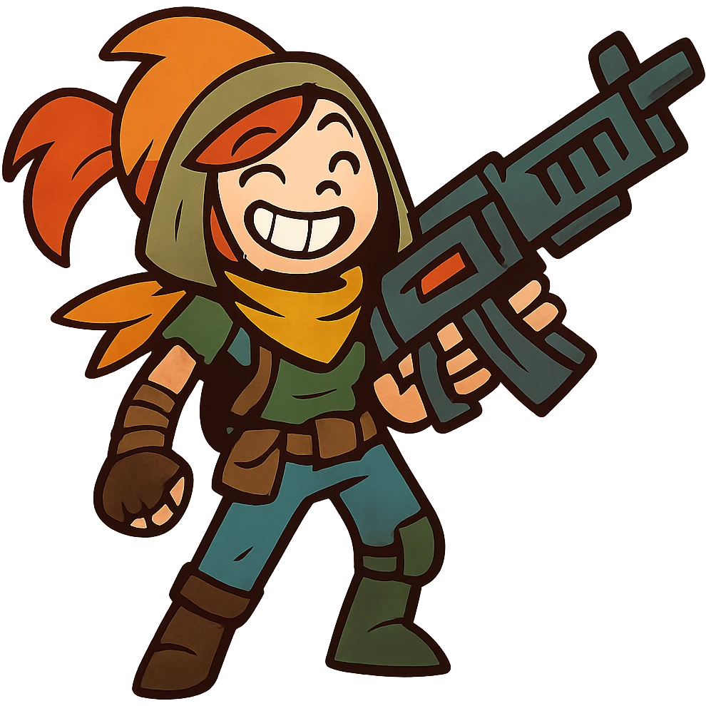 funny, positive stalker girl with a huge machine gun, smiling and energetic emoji