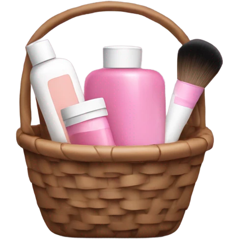 little brown basket with pink and white beauty products inside like shampoos and make up emoji