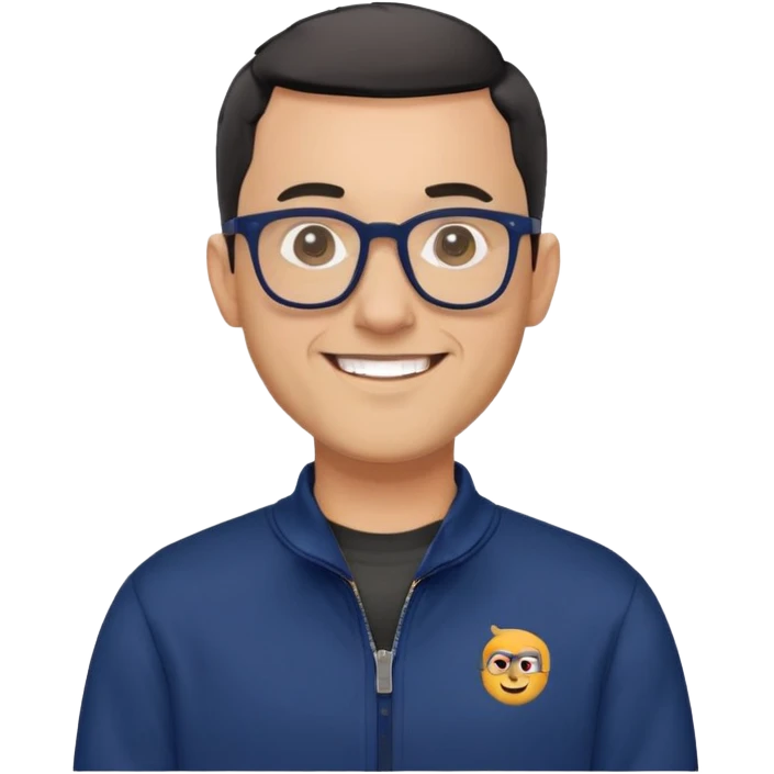 Light-skinned man with very short black hair (shorter buzz cut), short graying beard, big black glasses frames, happy smile, navy blue zip-up sweatshirt with long sleeves emoji