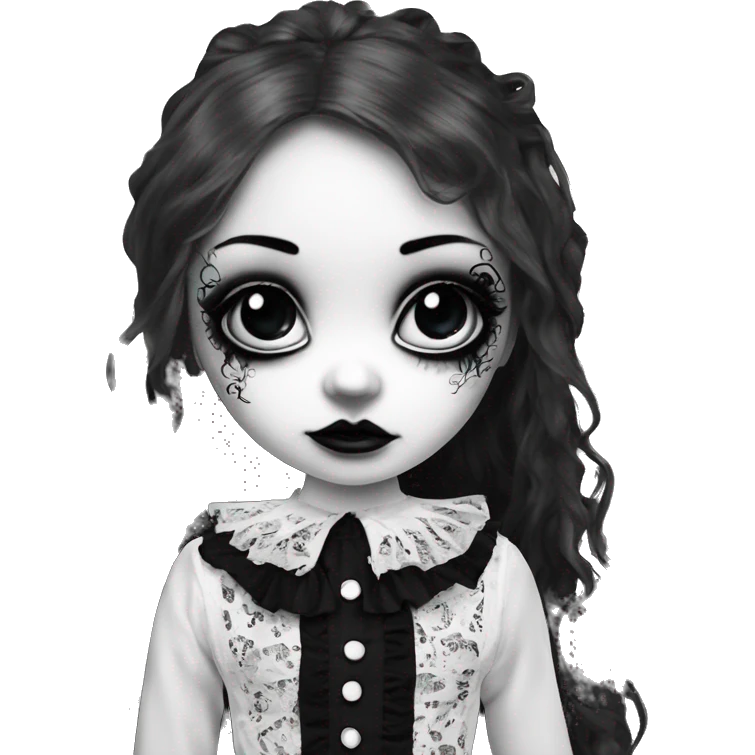 porcelain doll with a cracked face, goth makeup, long hair, lace and ruffles, lolita style, inked, black and white emoji