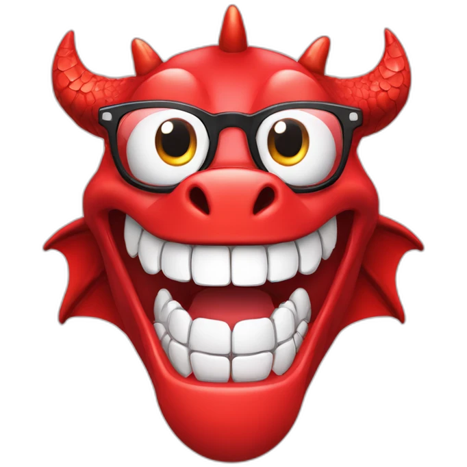 Crazy funny red dragon head with human white teeth and beautiful smile wearing glasses and hat emoji