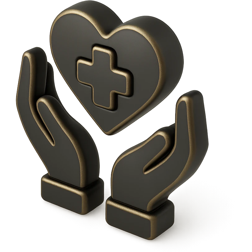 an icon representing care, two hands holding a heart, a heart with a cross, a caring gesture, 3D black style emoji