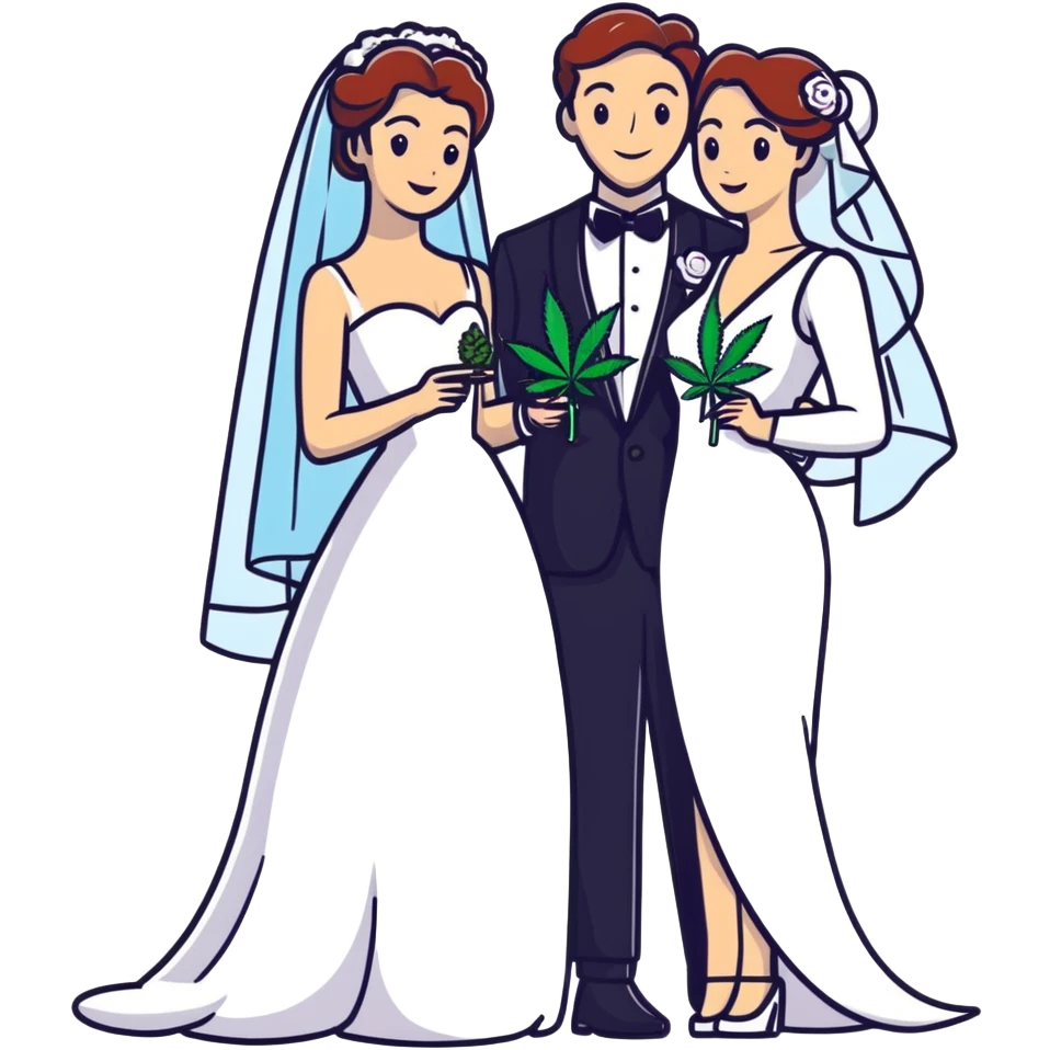 Bride in white dress and groom in tuxedo sharing a cannabis joint, cheerful cartoon wedding couple emoji