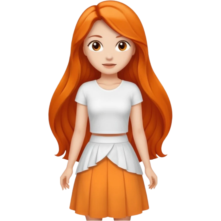 A woman with Orange long ondulated hair, brown reyes And dresses with White top And White long skirt emoji