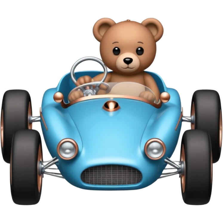 dar crystal blue and rosegold-accented  retro racing car driven by a small evil scary teddy bear with rear spoiler, roll cage, and wheely bar emoji