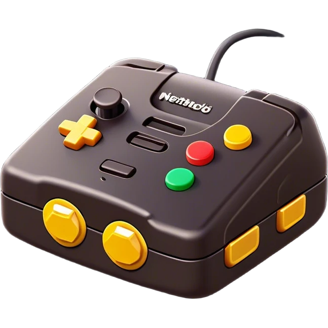 Clash of Clans aesthetic: Cinematic Playful Nintendo 64 Console Portrait Emoji, rendered in a 3D vector-style similar to standard emojis with minimal shading and bold, simplified shapes. A compact, distinct form with signature details, softly glowing with a nostalgic gaming charm. Simplified yet unmistakably iconic, highly detailed and consistent, glowing with a soft radiance and high shine. Stylized with a touch of retro gaming magic and a soft glowing outline, capturing the essence of a beloved gaming relic with a friendly, playful manner! emoji