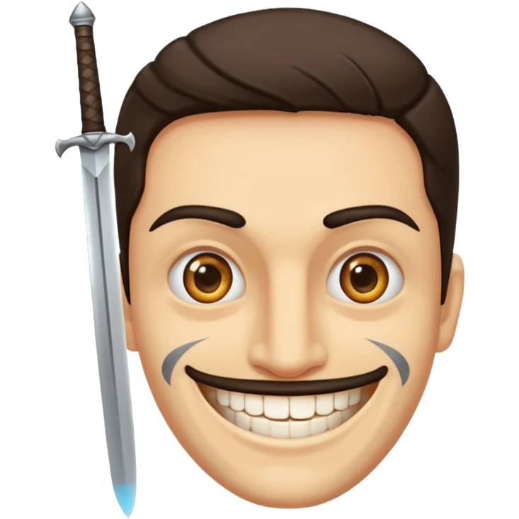 Haz que tenga una sonrisa epica una cicatriz en el ojo serrado y una espada entre los dientes y dos más a cada lado. emoji
