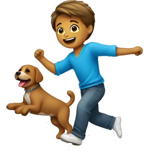 Niño feliz bailando, con un perrito emoji