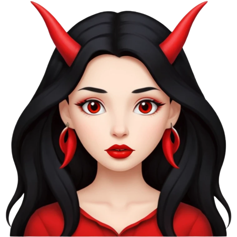 A skin red girl's face with cheekbones, long black hair, small red horns, big lips emoji