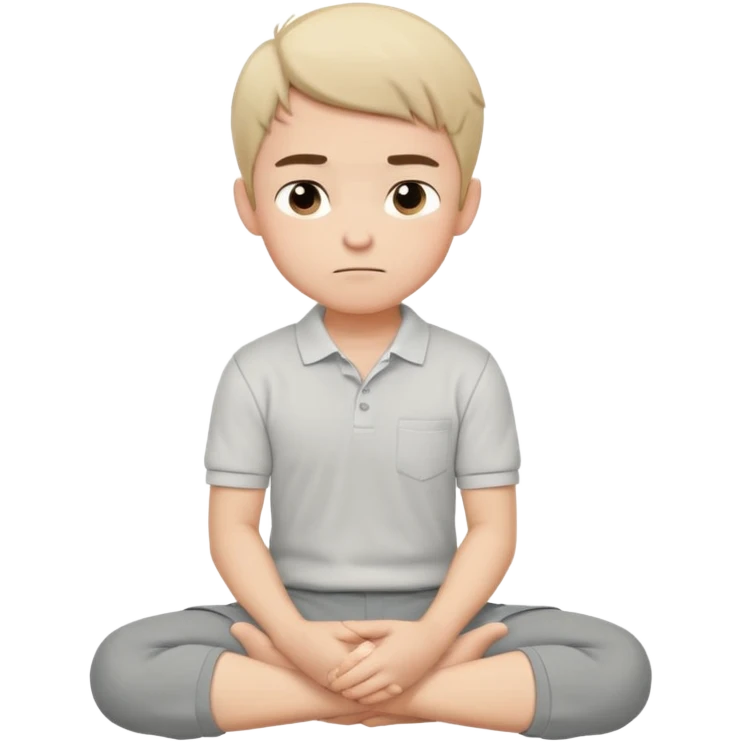 Cartoon boy sitting cross-legged, his fist pressed to his cheek, wearing a white polo and gray pants. He has a smug smirk, eyes looking forward. Clean lines, flat colors, solid black background, vector art, character sheet style. emoji