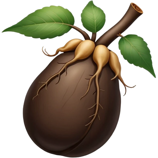 A realistic illustration of black ginseng root (heuksam) in the style of iPhone emoji: glossy dark brown-black color, smooth gradient shading, subtle texture details on the root surface, elegant natural curves, clean simple shapes, no outlines, slight 3D depth, high-quality digital illustration.
 emoji