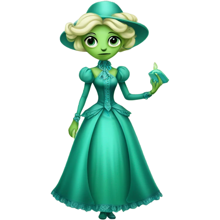 "green blonde alien woman" in cyan Victorian dress elegant, full body emoji