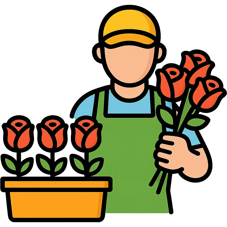 rose farm emoji showing a worker grading roses and bunching them together, colorful outlined icon style emoji