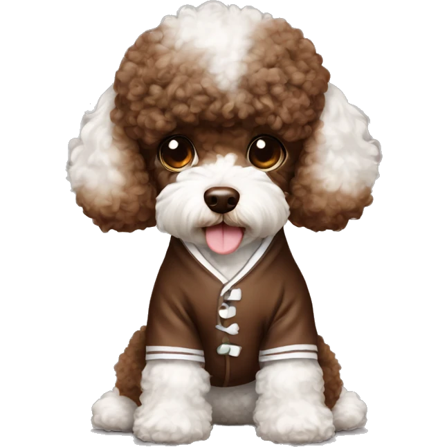 Chocolate brown and white toy poodle wearing pajamas emoji