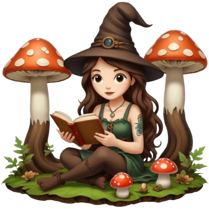 cute forest witch woman long wavy brown hair tattoos reading book on mushroom emoji