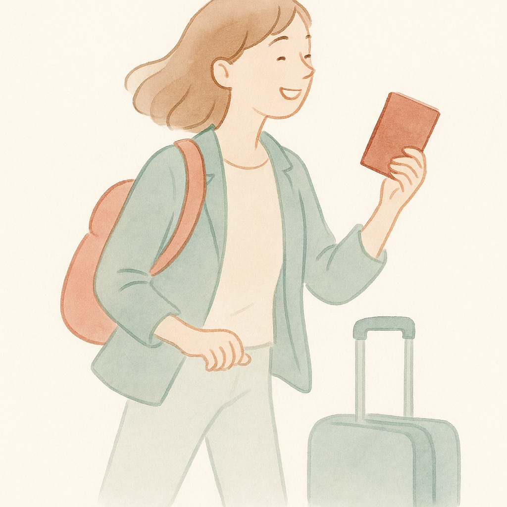soft watercolor illustration in a minimalist, modern style, person excited to go on their next trip, pastel colors, delicate linework, gentle whimsical mood, minimal soft shading emoji