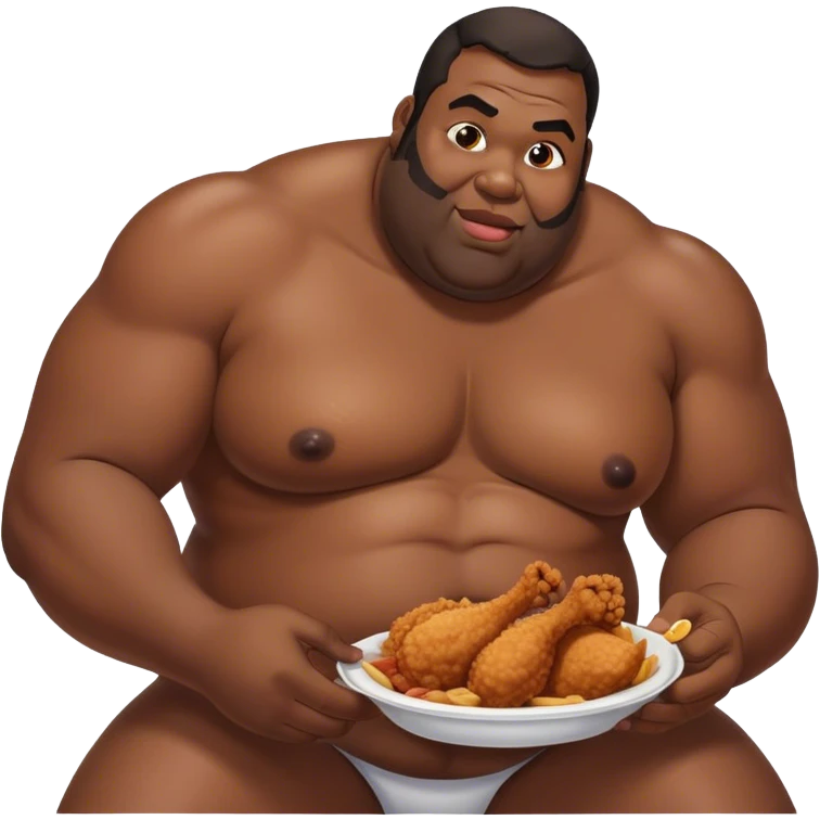 Big fat black shirtless man eating chicken emoji