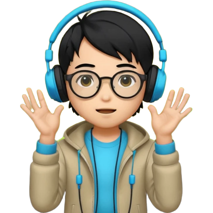 Chibi Japanese boy with black hair and round glasses, big headphones, vibing hard to electronic music, strong beat pulse lines around him, neon glow, exaggerated cartoon style, streaming emote. emoji