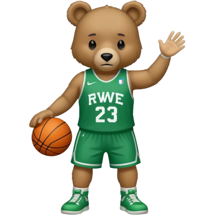 Bear with full body and wearing basketball green and white  jersey that says RWE  emoji