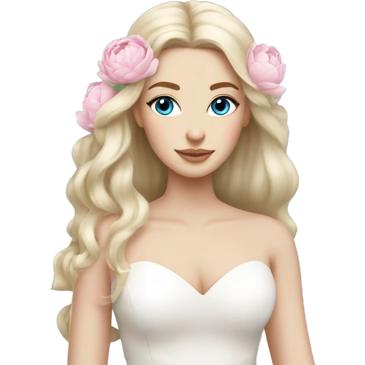 White bride with long light blonde hair and blue eyes with light pink peonies in hair white skin  emoji