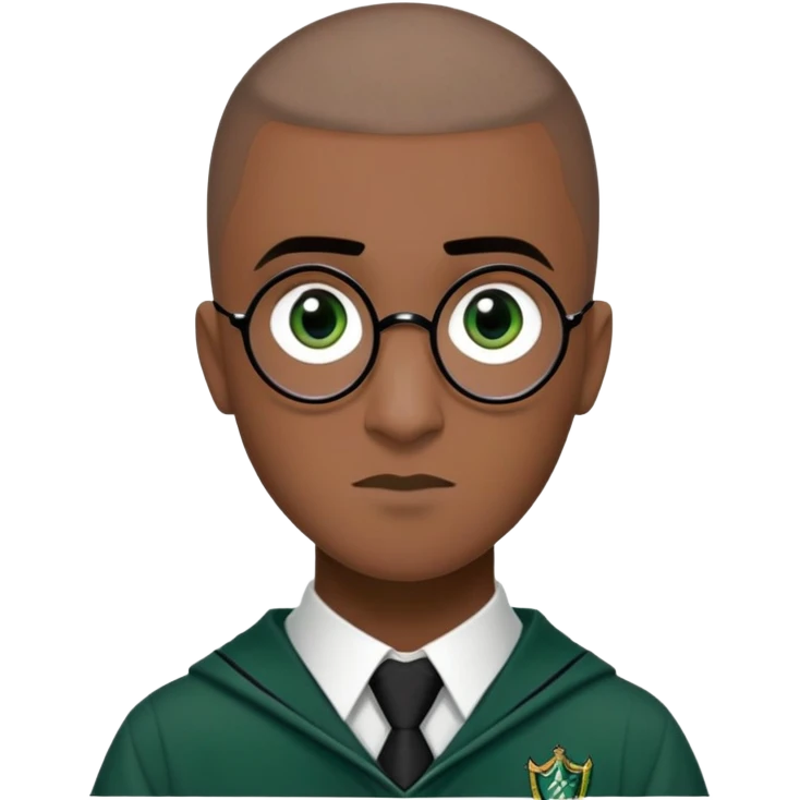louis cordice is Blaise Zabini in harry potter, wear hogwarts slytherin uniform, Classic Buzz Cut hair, long face,thin, black skin emoji