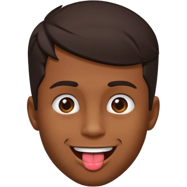 A brown skin guy with dark hair that is his covering forehead, his head is tilted back a bit and his tongue is out emoji