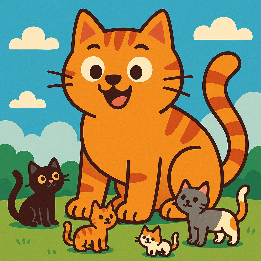 the world's biggest cat, towering over normal cats, playful and friendly expression emoji