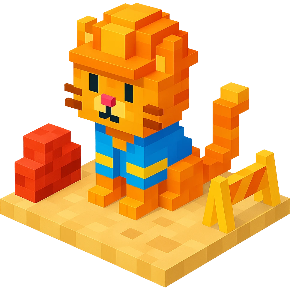 cat in orange safety helmet standing on a construction site in voxel style emoji