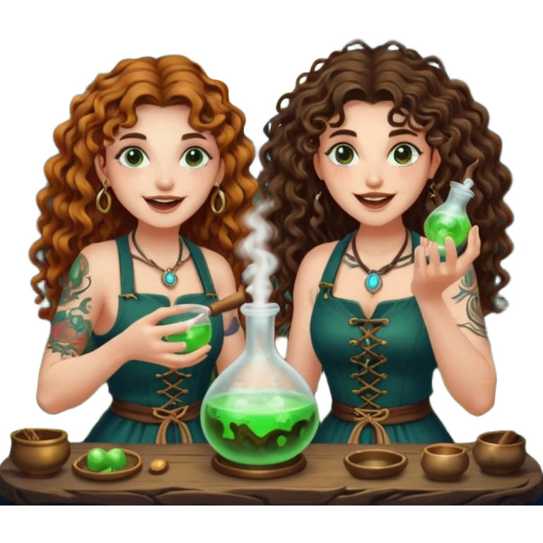 forest alchemist duo two women curly long hair tattooed and short brown mullet mixing glowing moon potion together excited faces emoji