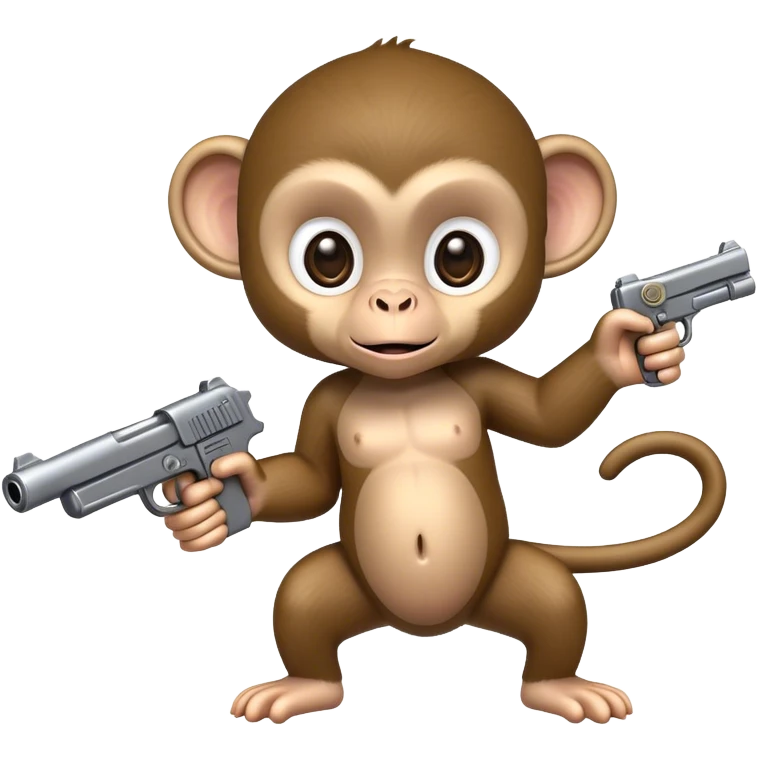 Forward perspective of a baby monkey holding a fake gun. The fake gun is horizontal and pointed straight forward  emoji