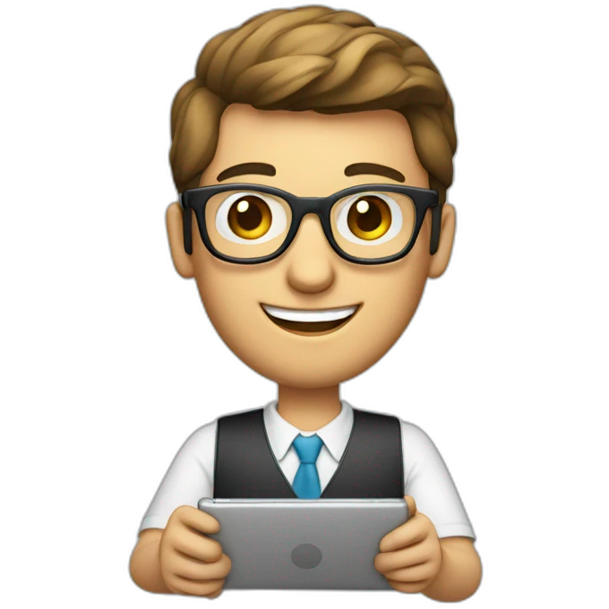 male virtual assistant with a smiling  holding a digital tablet or stylus wearing eye glasses emoji