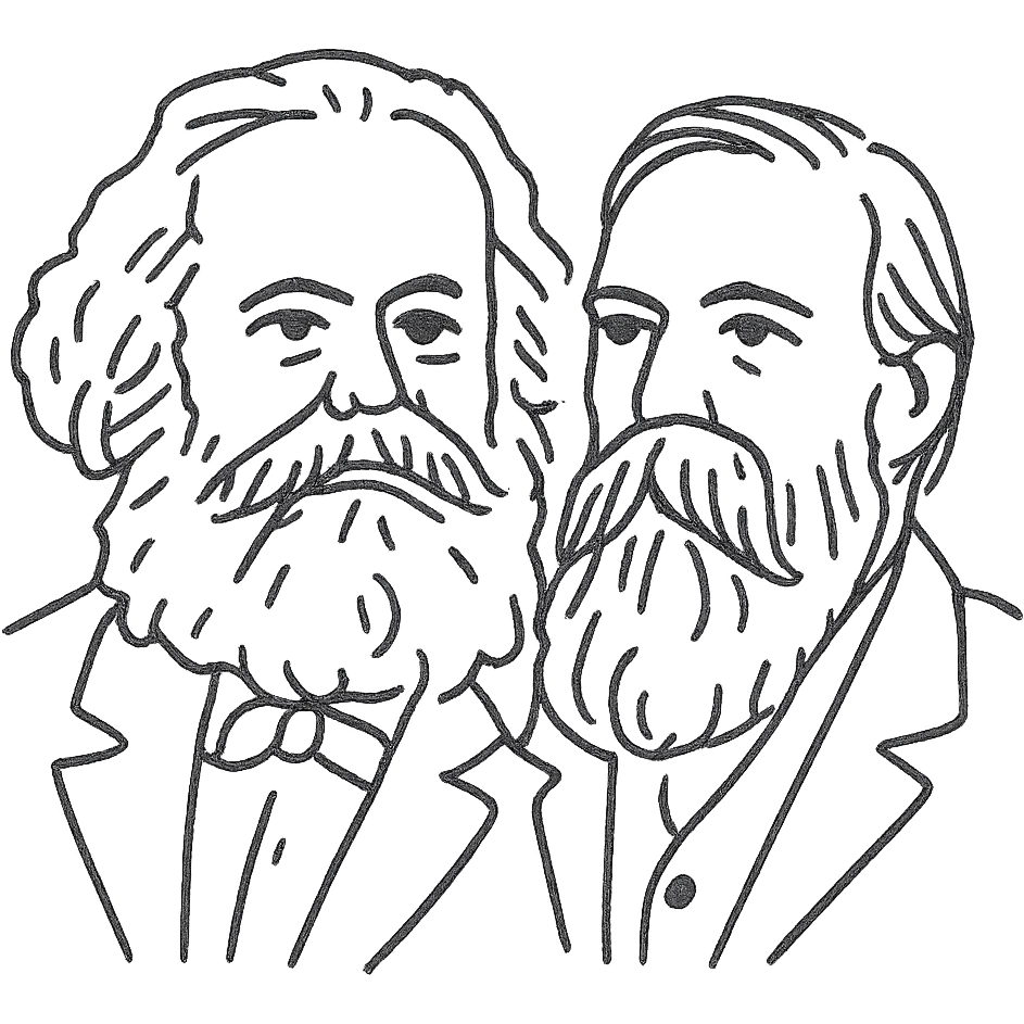 a black outline portrait of Karl Marx and Engels together based on a famous portrait of them, with eyes the same size and noses less abrupt emoji