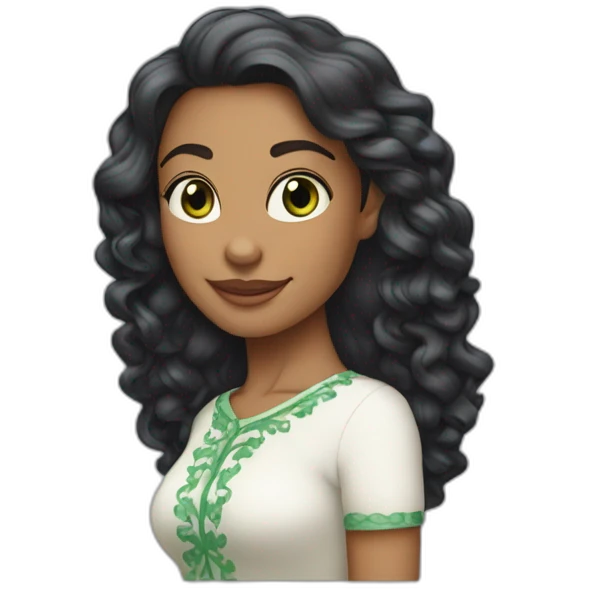 Sofia: corpo esguio, pele branca, cabelos morenos. Beleza e carisma únicos, presença irresistível, corpo inteiro, usando um vestido médio verde emoji