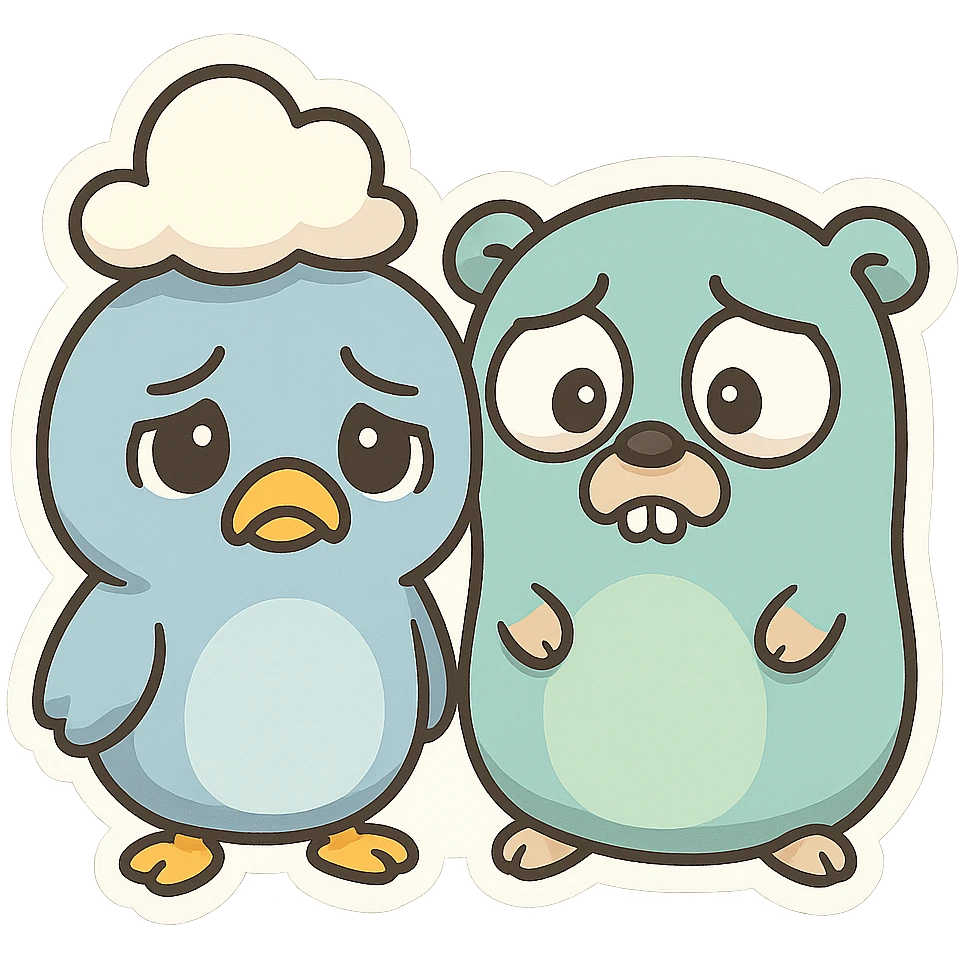 cartoon-style Traefik and Go gopher together, both looking sad, bold lines, expressive emoji