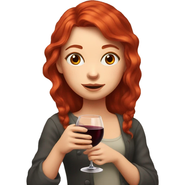 Portrait of a red-haired girl who drinks red wine with cat emoji