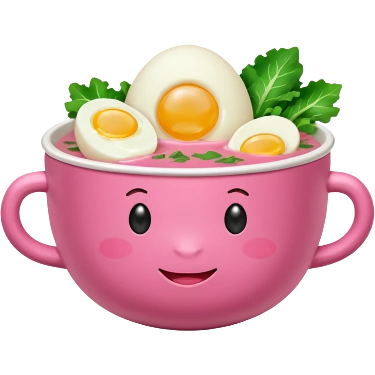 pink soup with egg and greens inside, boiled potatoes by its side, winking face emoticon emoji