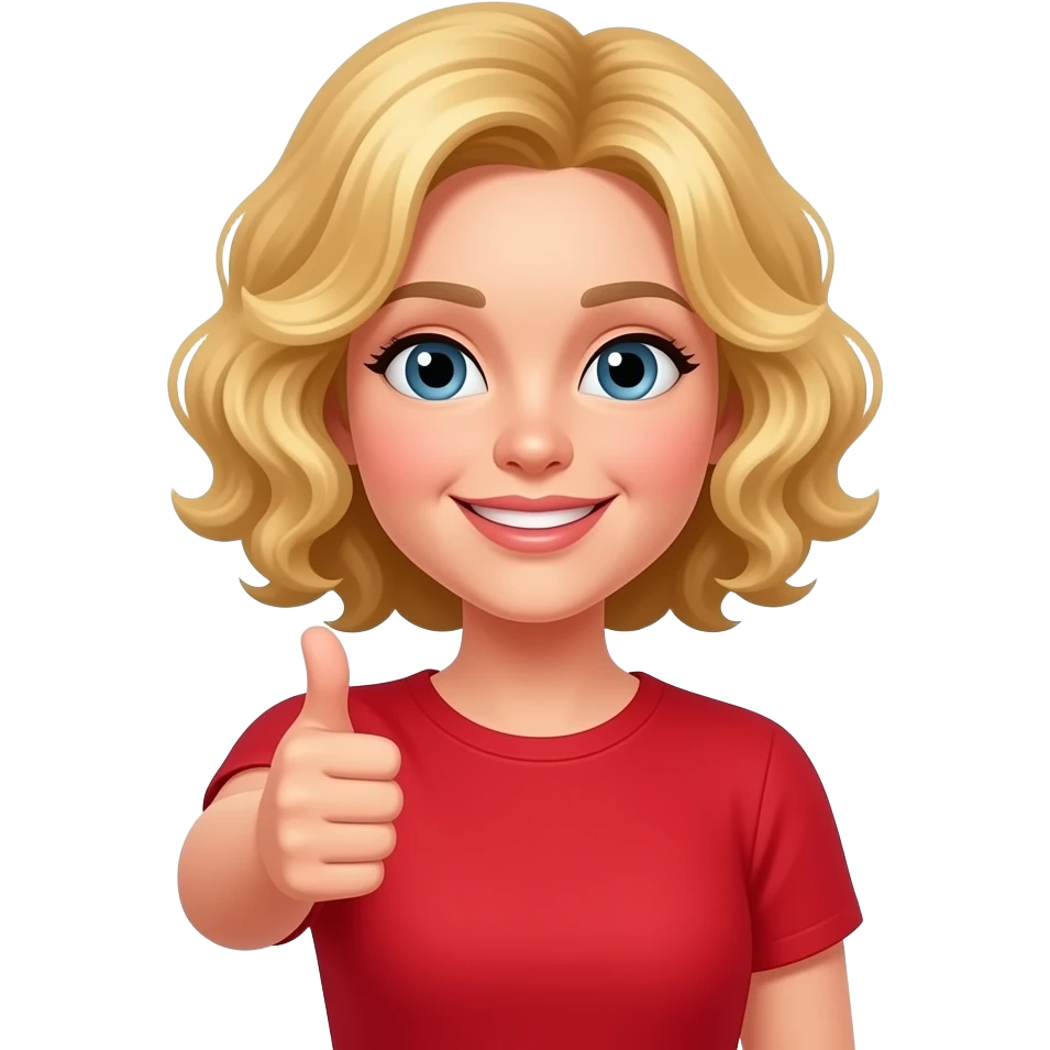 blonde curly bob showing thumbs up  in red shirt emoji