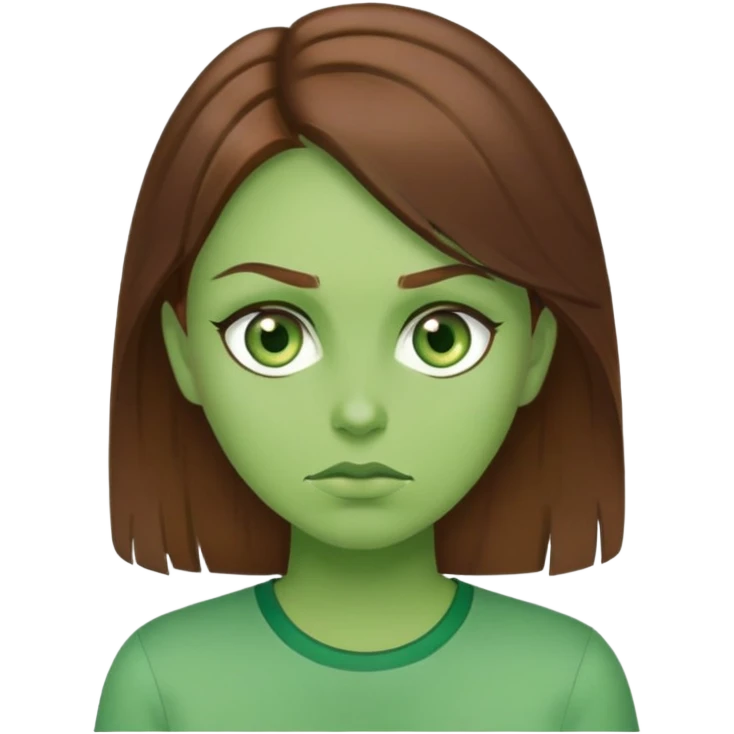 A woman with brown hair green eyes green shirt with green skin Jeal emoji