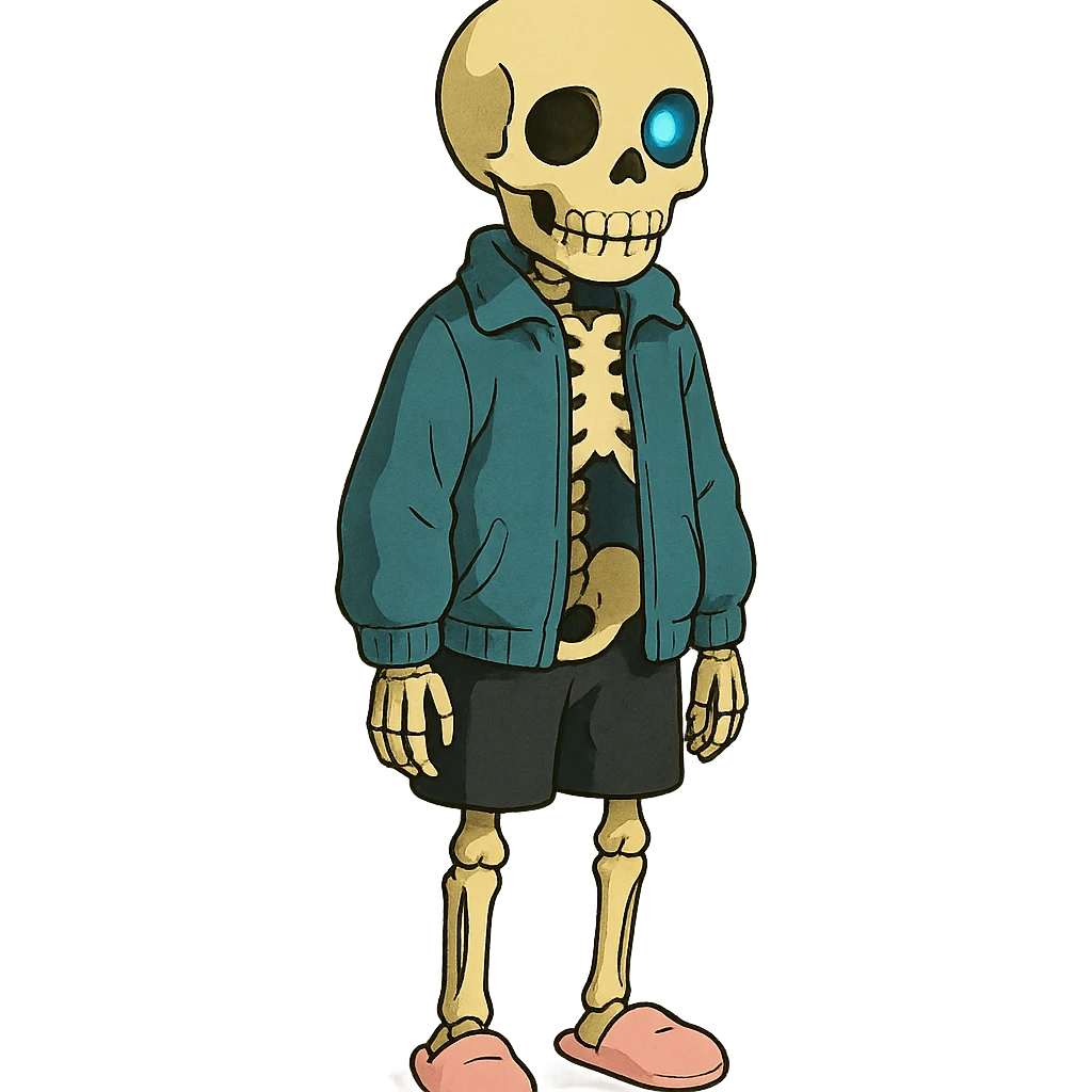 ghibli style short skeleton with blue jacket, black basketball shorts, light pink slippers, blue glowing left eye emoji