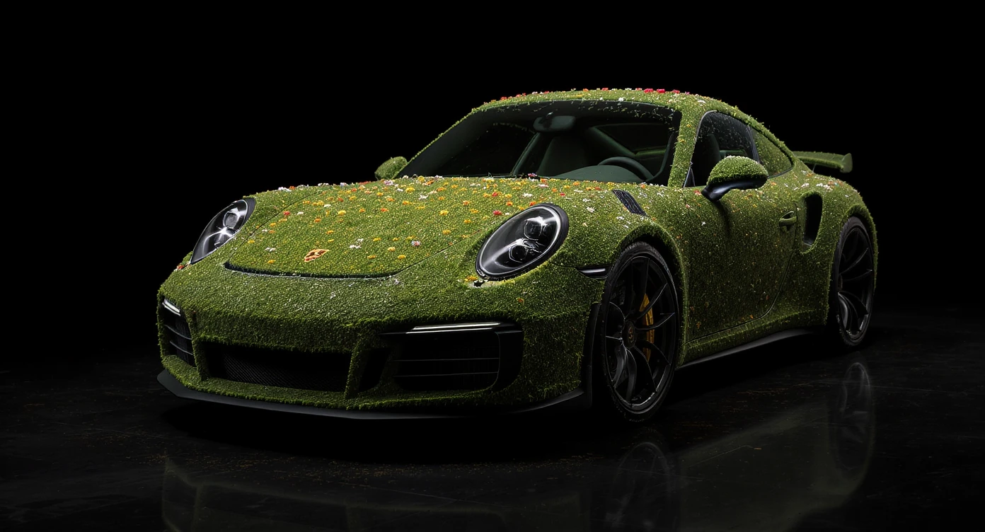 Closeup shot of a porsche 911, body of car made of grass and flowers, black solid studio background, very dark room, top low key light, dutch angle, captured by ARRI 65 emoji