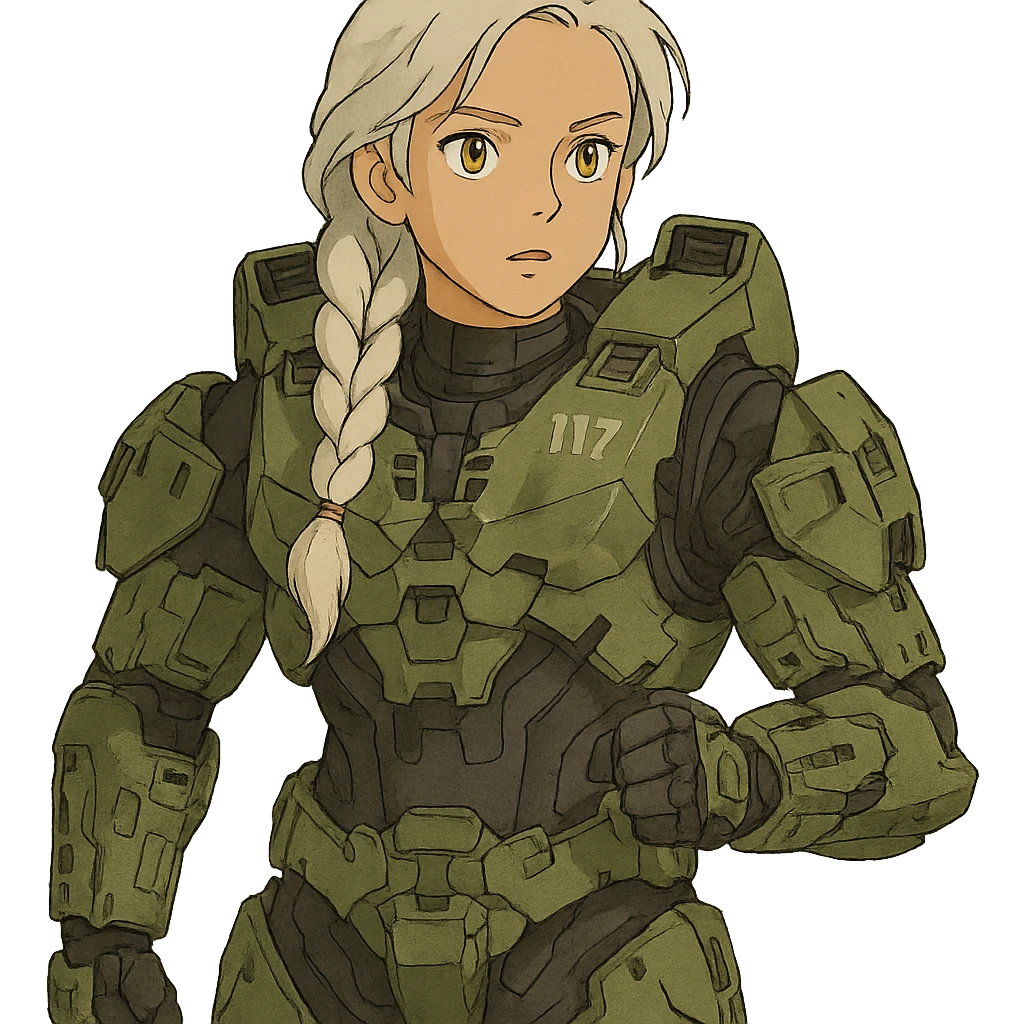 female, wearing reach spartan armor default, long white braid hair, gold yellow eyes, attention pose, halo series, no helmet emoji