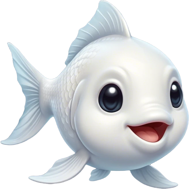 Cinematic Comical White Goldfish Portrait Emoji, Head tilted dramatically with an exaggeratedly amused expression, featuring a striking, glossy pure white body with elegantly fluttering fins, wide, expressive pale eyes filled with playful disbelief, Simplified yet hilariously expressive features, highly detailed, glowing with a slightly sassy glow, high shine, dramatic yet playful, stylized with an air of cheeky mischief, bright and endearing, soft glowing outline, capturing the essence of a spirited and over-the-top goldfish, so meme-worthy it feels like it could side-eye its way into internet fame instantly! emoji